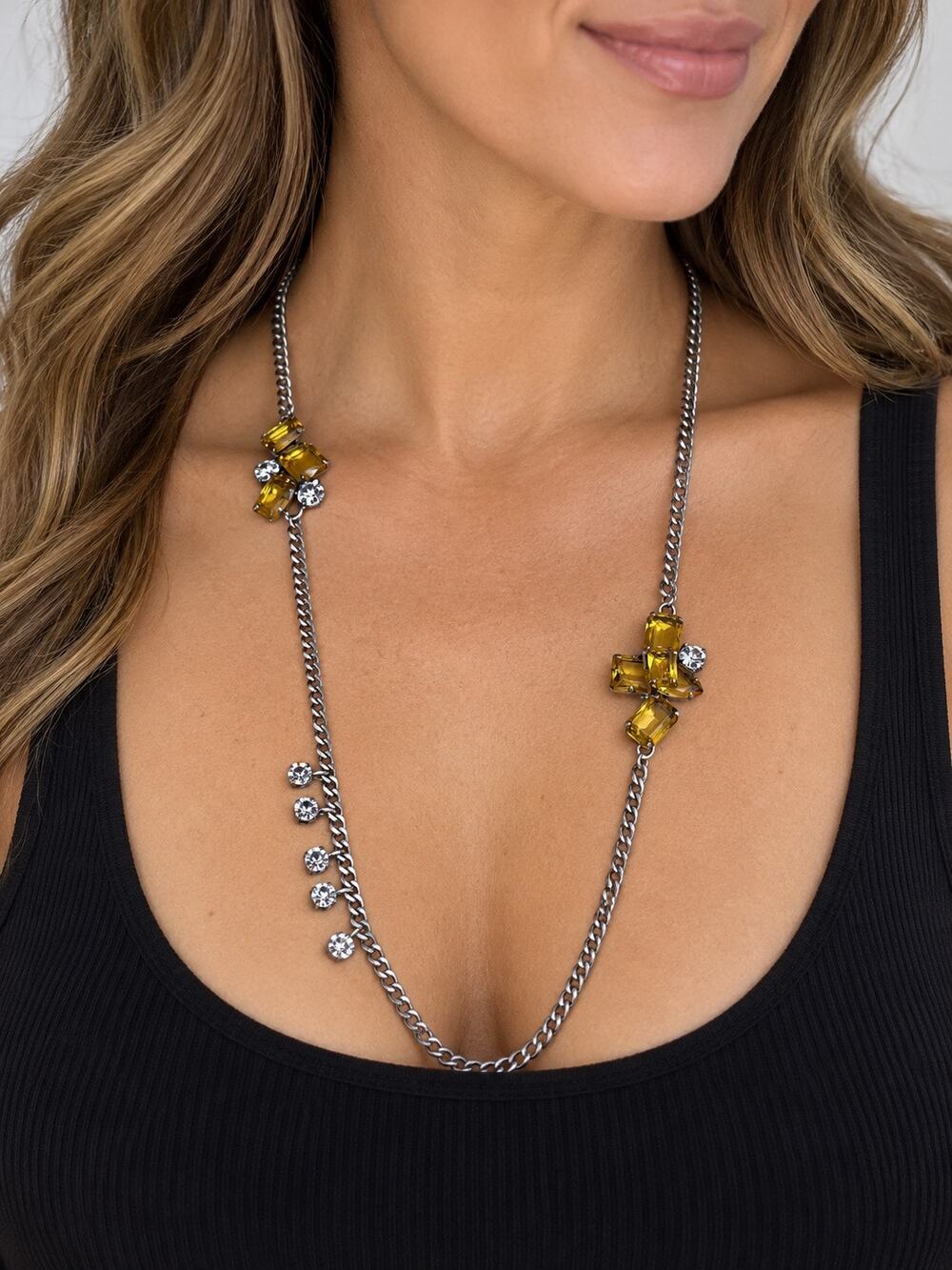 Loft Silver Tone Necklace Chain Yellow Crystals Rhinestone Statement Y2K